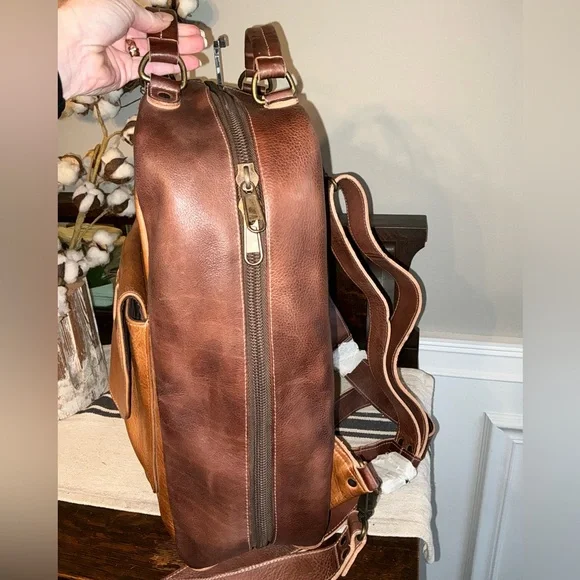 NWOT Bed Stu Leather Kamet Backpack Laptop Bag Tan Teak Rustic MSRP $599